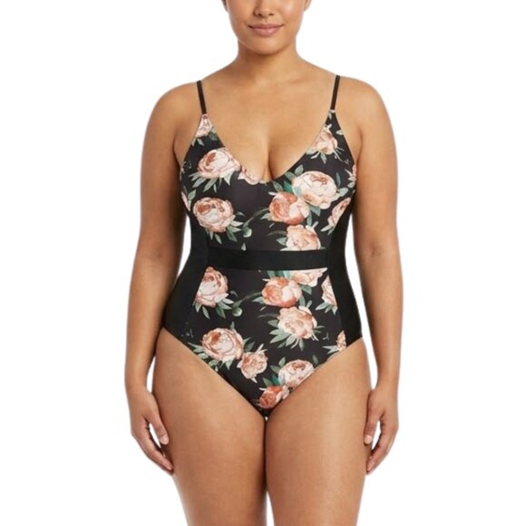 Cupshe Other - Cupshe Black Floral V-Neck One Piece Swimsuit Tummy Control Peony Print Size L
